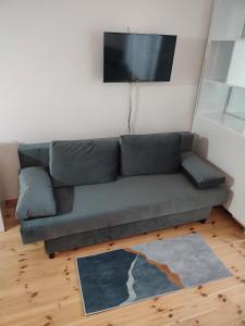 格拉耶沃Łapu Capu - Mieszkanie dla 4 osób的客厅设有绿沙发,配有平面电视