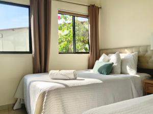 圣米格尔Paradise Surf Hotel的带窗户的客房内的两张床