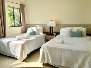 圣米格尔Paradise Surf Hotel的一间卧室设有两张带白色床单的床和窗户。