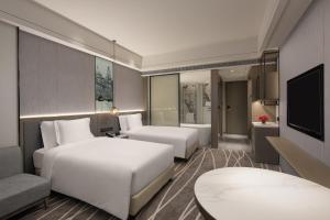 上海上海南新雅皇冠假日酒店的一间酒店客房,设有两张床和电视