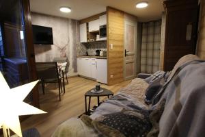 莱热L'OURALOU - Vue panoramique的带沙发的客厅和厨房