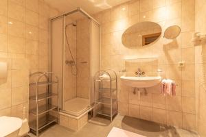 伊施格尔Hotel Garni Apart TINA的带淋浴、盥洗盆和卫生间的浴室