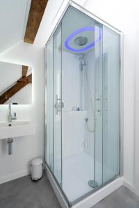 迪伦B&B aan de Koningsmuur的一个带水槽的玻璃淋浴间