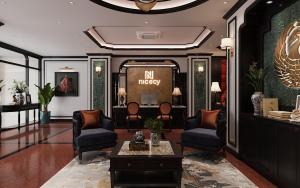 胡志明市Nicecy Boutique Hotel的一个带椅子和桌子的沙龙和镜子