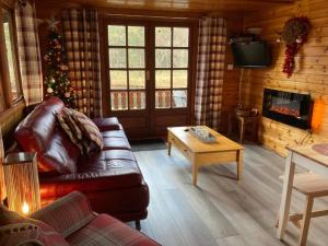 阿维莫尔RIVERSIDE LODGE RETREAT的客厅配有真皮沙发和圣诞树