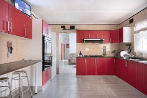 派恩敦25 Jacaranda Lodge & Backpackers的一间厨房,配有红色橱柜和台面