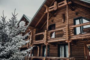 布克维Красна Поляна Family Club Resorts的树旁雪地里的小木屋