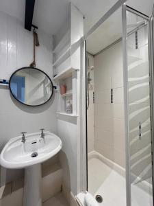 金斯布里奇Halwell House - A Spacious Quiet Apartment的白色的浴室设有水槽和淋浴。