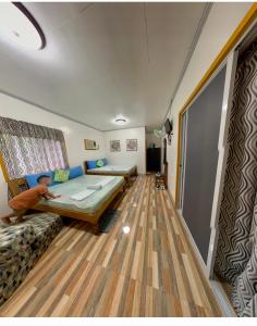 邦劳多莫斯当地旅馆的一间设有床铺和沙发的房间