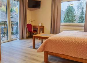 哈茨山区黑尔茨贝格AM BERG Hotel的配有一张床、一张书桌和一扇窗户的酒店客房