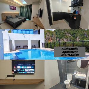 话毛生Alish Studio Apartment with Pool, Netflix, Wifi的一张酒店客房的照片,里面设有一个游泳池