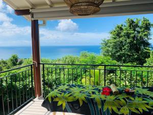 圣吕斯Magnifique Villa Bauhinia, Piscine vue mer的阳台配有桌子,享有海景。