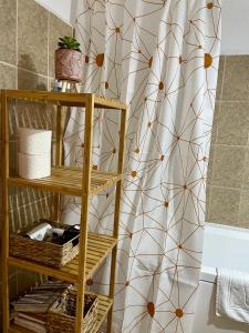 布加勒斯特Cozy and Clean Apartment, near National Arena的浴室设有淋浴帘和带毛巾的架子。