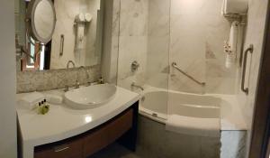 马那瓜马那瓜梅特罗森特洲际酒店的一间带水槽、浴缸和镜子的浴室