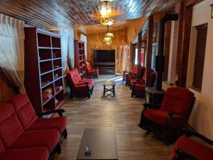 阿尔杰什河畔库尔泰亚Dorul Pescarului的客厅配有红色椅子和电视