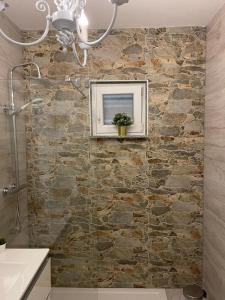 祖波维奇Vila Kata的浴室设有石墙,上面有画
