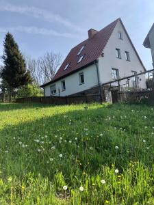 LichtenauMärchenherberge 7 Zwerge的白色的房子,有一片草和花
