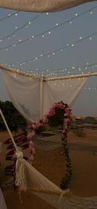 Muntarib瓦希巴贝都因乡间露营地的沙漠中带灯和鲜花的白色帐篷
