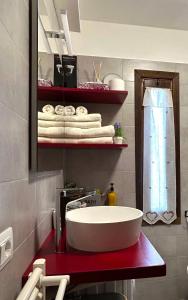 塔尔维西奥Mandi Mandi a Tarvisio的浴室设有红色柜台上的白色大水槽
