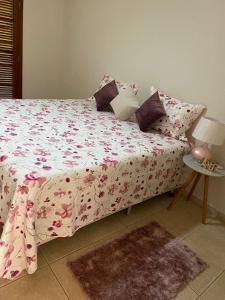 皮拉西卡巴Espacin Maricris-28 min. Thermas Sao Pedro的一间卧室配有一张带粉红色花卉棉被的床