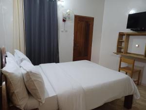 MboroLa Mboroise的卧室配有白色的床和电视。