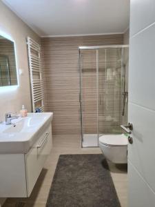 萨格勒布Apartman PEPI的带淋浴、盥洗盆和卫生间的浴室