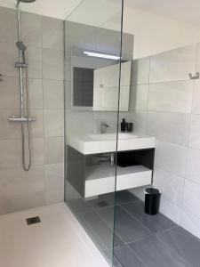 哥西尔STUDIO O'KALM的一间带水槽和玻璃淋浴的浴室