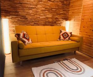 科马尔尼克MoodySun Studio, remote tiny home的砖墙房间里一张黄色的沙发