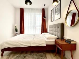 蒂米什瓦拉Sunset View Apartment的一间卧室配有一张床、镜子和窗户