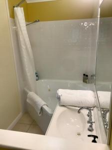 ComboyneOrange Blossom- Comboyne Mountain Cottages的浴室配有盥洗盆、浴缸和毛巾