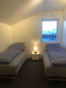 特罗姆瑟Mountainside Lodge - Breivikeidet的带窗户的客房内的两张床