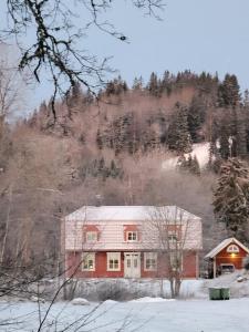 穆尔舍Villa Näs - a modern country villa的雪中的一个红房子,有山
