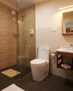 廷布The Willows Hotel, Bhutan的浴室配有卫生间、淋浴和盥洗盆。