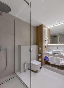 基辅Radisson Blu Hotel, Kyiv City Centre的带淋浴、卫生间和盥洗盆的浴室