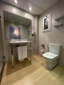 巴塞罗那SM剧院礼堂酒店的一间带卫生间、水槽和镜子的浴室