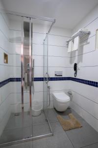 Fort KochiMAI HOUSE HERITAGE HOTEL的一间带卫生间和玻璃淋浴间的浴室