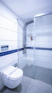 Fort KochiMAI HOUSE HERITAGE HOTEL的一间带卫生间和玻璃淋浴间的浴室