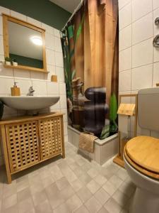 普福尔茨海姆Design, Hochschule, Wildpark, Zentral, Waipu TV, Netflix的一间带水槽和卫生间的浴室