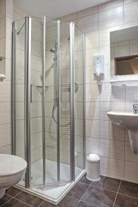 弗赖堡Hotel Rebschule的带淋浴、卫生间和盥洗盆的浴室