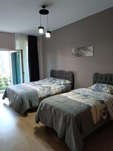 伊斯坦布尔Nur Sena's House的一间卧室设有两张床和窗户。