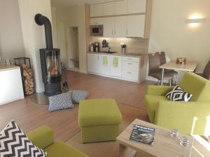 普劳西Apartment PlauSeelig mit Bootsliegeplatz optional的客厅配有绿色沙发和炉灶。