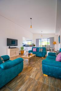 派帕Casa El Roble paipa的客厅配有蓝色的沙发和电视