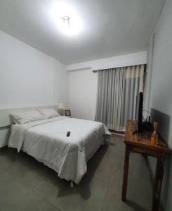 巴西利亚Apartamento aconchegante no Sudoeste的一间卧室配有一张床、一台电视和一张桌子