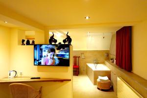 霍其多夫Hotel JiuDing的一间设有壁挂式电视和浴室的客房