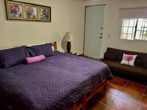 Bajo BoqueteJardín del Edén的一间卧室配有一张紫色的床和一张沙发
