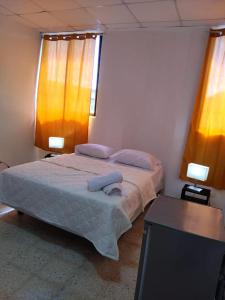 圣多明各Hotel Colonial Blanco的一间卧室配有一张带两盏灯和一张桌子的床。