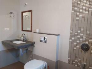 卡兰古特Palmeiral BeachVilla的一间带卫生间、水槽和镜子的浴室