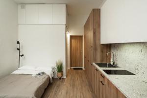 维尔纽斯Air Apartment 310的一个带水槽的厨房和一张位于客房内的床