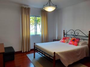 大里贝拉Beach & Surf的一间卧室配有一张带红色枕头的床和一扇窗户