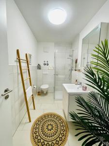 科布伦茨Klassen Stay - Exklusives Apartment am HBF - Küche, Netflix, Kingsizebett的带淋浴、卫生间和盥洗盆的浴室